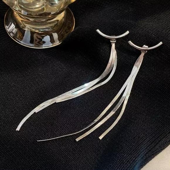 NEW STERLING SILVER BAR LONG TASSEL ARC EARRINGS - Picture 4 of 6